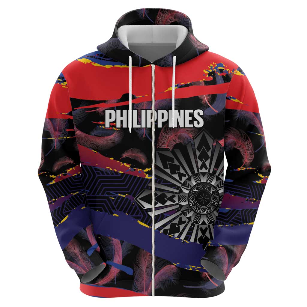 Philippines Sun Tattoo Zip Hoodie Feathers Filipinas Grunge Style Black LT14 - Polynesian Pride