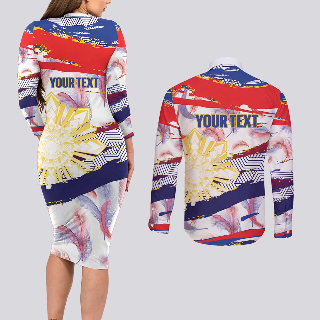Philippines Sun Tattoo Couples Matching Long Sleeve Bodycon Dress and Long Sleeve Button Shirt Feathers Filipinas Grunge Style White