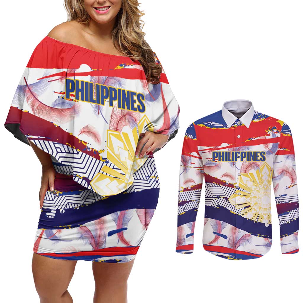 Philippines Sun Tattoo Couples Matching Off Shoulder Short Dress and Long Sleeve Button Shirt Feathers Filipinas Grunge Style White