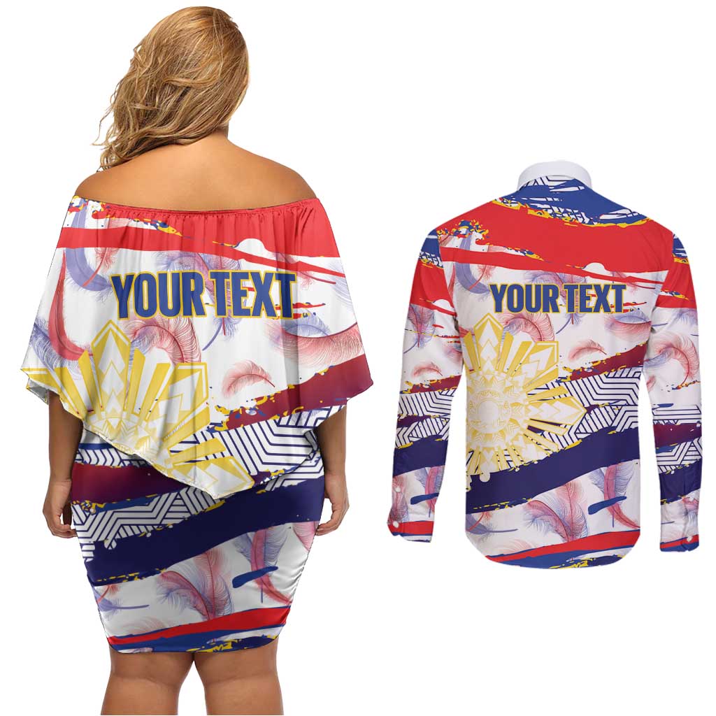 Philippines Sun Tattoo Couples Matching Off Shoulder Short Dress and Long Sleeve Button Shirt Feathers Filipinas Grunge Style White