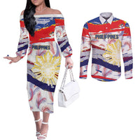 Philippines Sun Tattoo Couples Matching Off The Shoulder Long Sleeve Dress and Long Sleeve Button Shirt Feathers Filipinas Grunge Style White