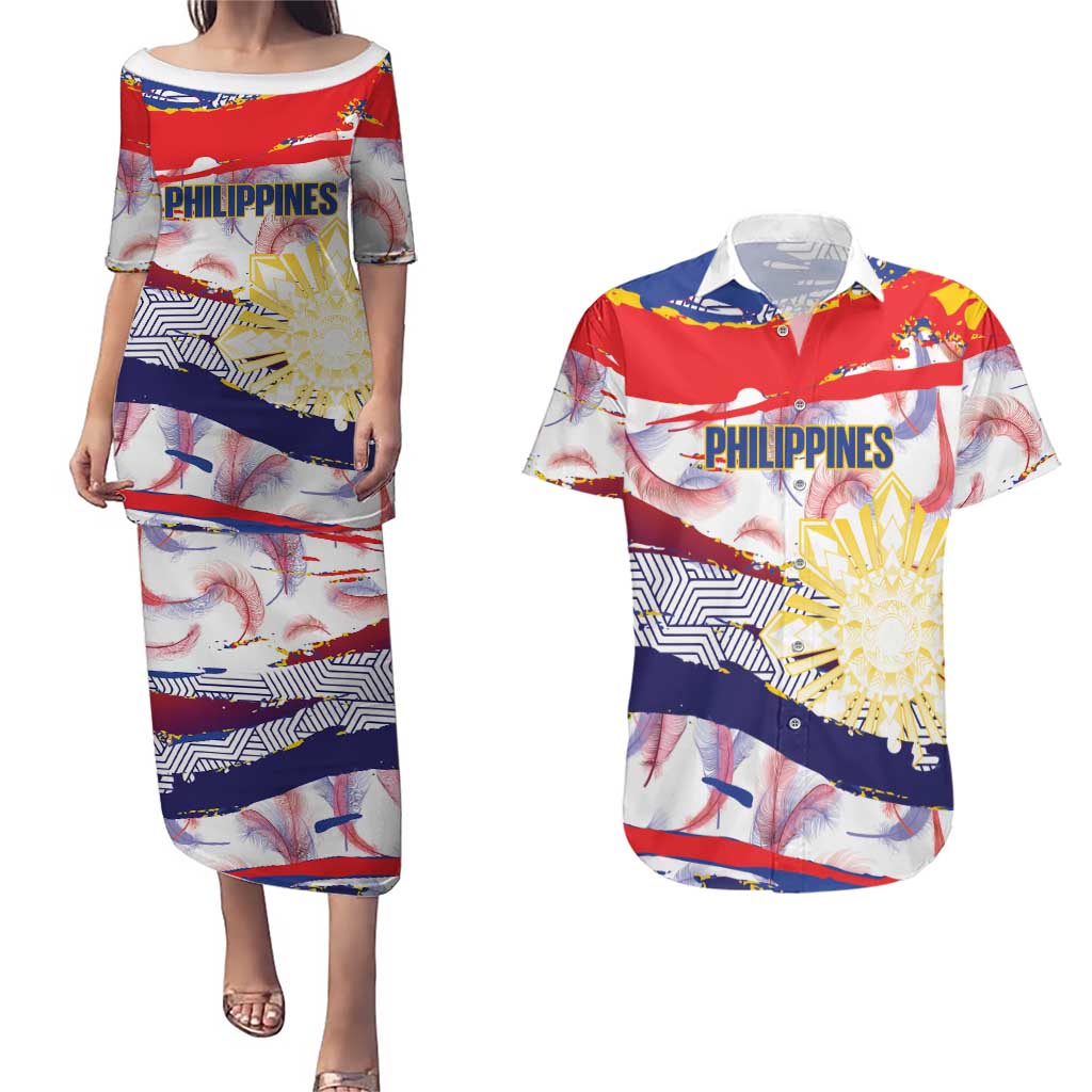 Philippines Sun Tattoo Couples Matching Puletasi and Hawaiian Shirt Feathers Filipinas Grunge Style White LT14 White - Polynesian Pride