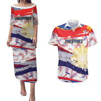 Philippines Sun Tattoo Couples Matching Puletasi and Hawaiian Shirt Feathers Filipinas Grunge Style White LT14 White - Polynesian Pride
