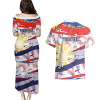Philippines Sun Tattoo Couples Matching Puletasi and Hawaiian Shirt Feathers Filipinas Grunge Style White LT14 - Polynesian Pride
