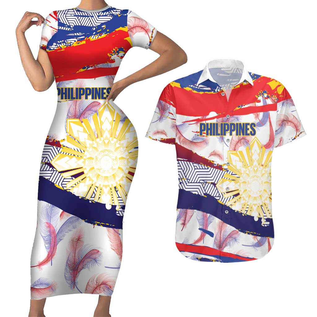 Philippines Sun Tattoo Couples Matching Short Sleeve Bodycon Dress and Hawaiian Shirt Feathers Filipinas Grunge Style White