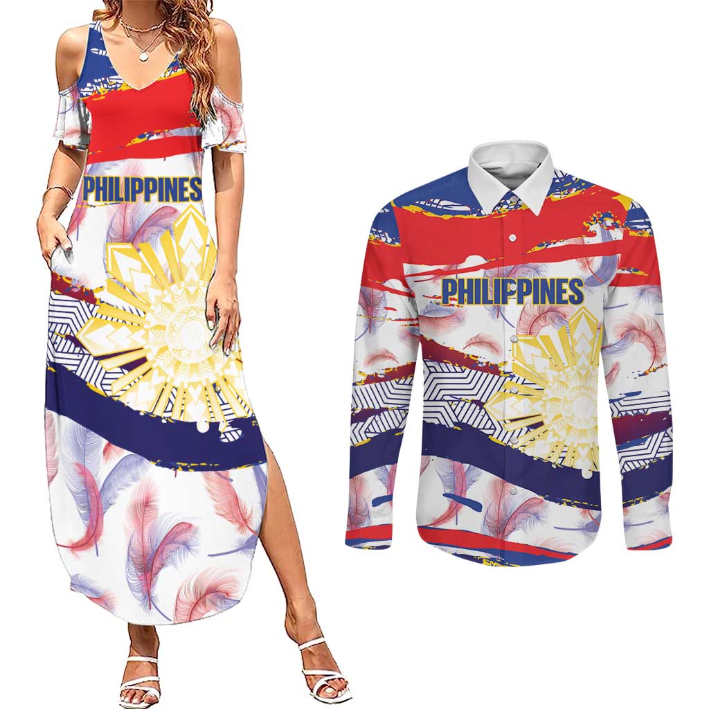 Philippines Sun Tattoo Couples Matching Summer Maxi Dress and Long Sleeve Button Shirt Feathers Filipinas Grunge Style White