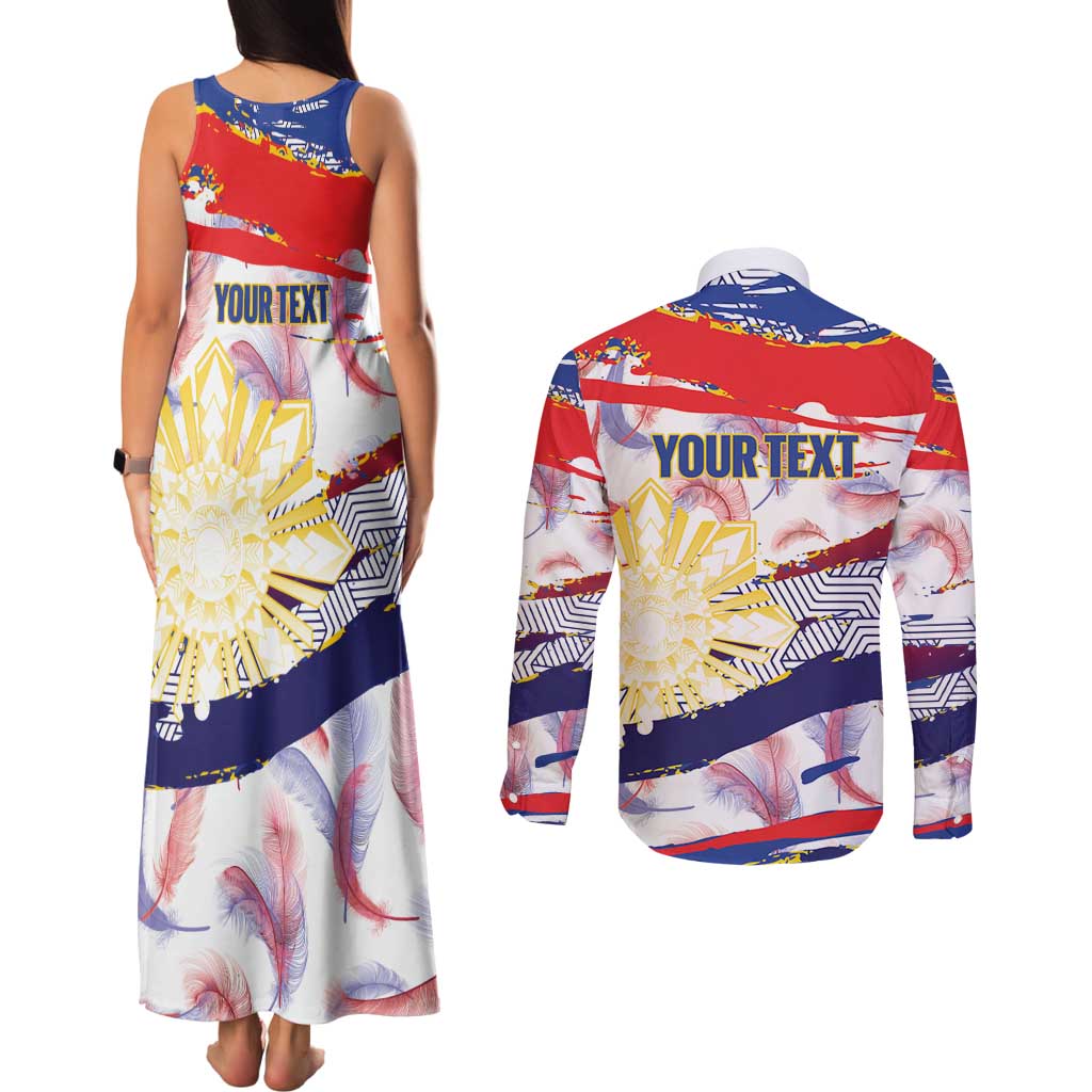 Philippines Sun Tattoo Couples Matching Tank Maxi Dress and Long Sleeve Button Shirt Feathers Filipinas Grunge Style White