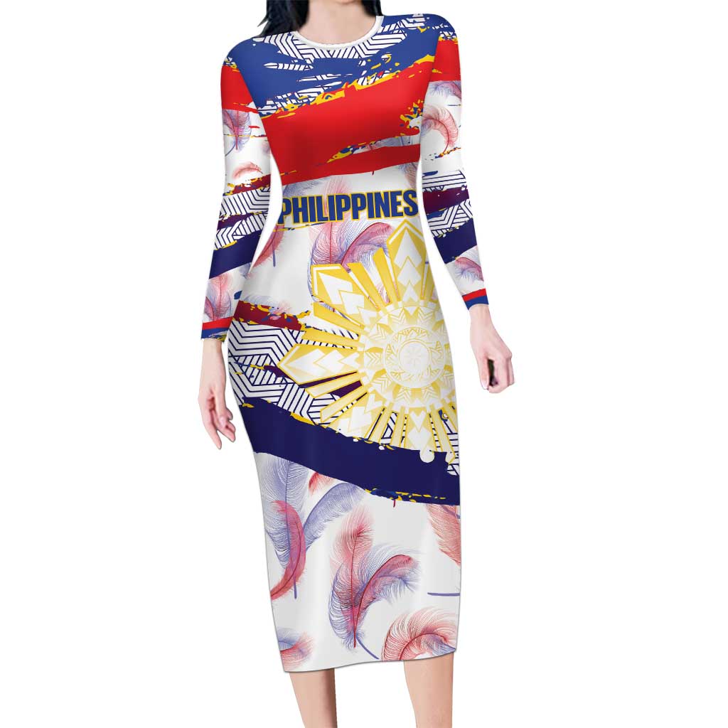 Philippines Sun Tattoo Family Matching Long Sleeve Bodycon Dress and Hawaiian Shirt Feathers Filipinas Grunge Style White