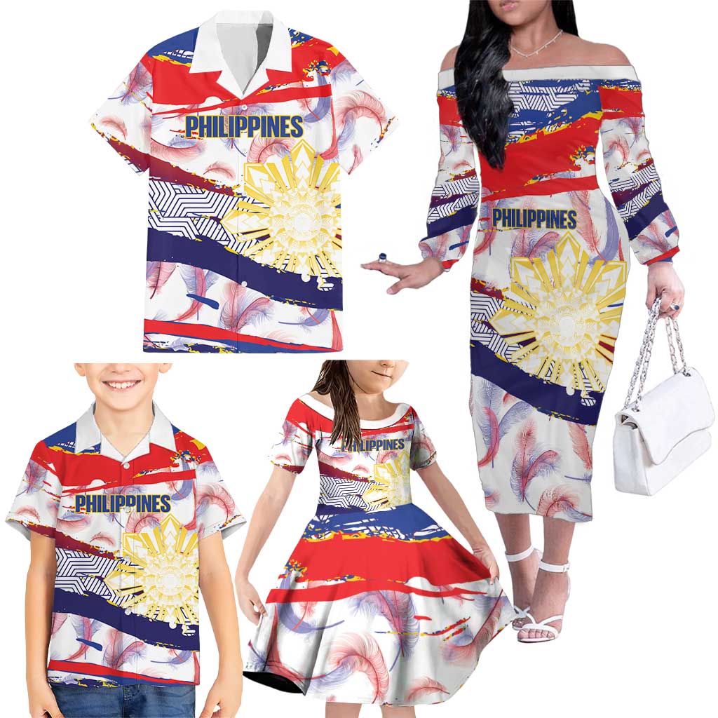 Philippines Sun Tattoo Family Matching Off The Shoulder Long Sleeve Dress and Hawaiian Shirt Feathers Filipinas Grunge Style White