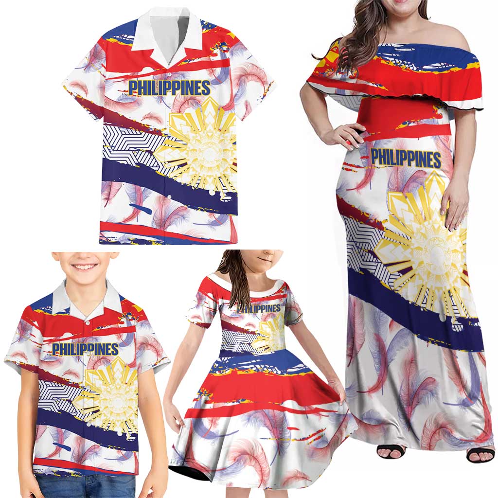 Philippines Sun Tattoo Family Matching Off Shoulder Maxi Dress and Hawaiian Shirt Feathers Filipinas Grunge Style White