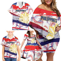 Philippines Sun Tattoo Family Matching Off Shoulder Short Dress and Hawaiian Shirt Feathers Filipinas Grunge Style White