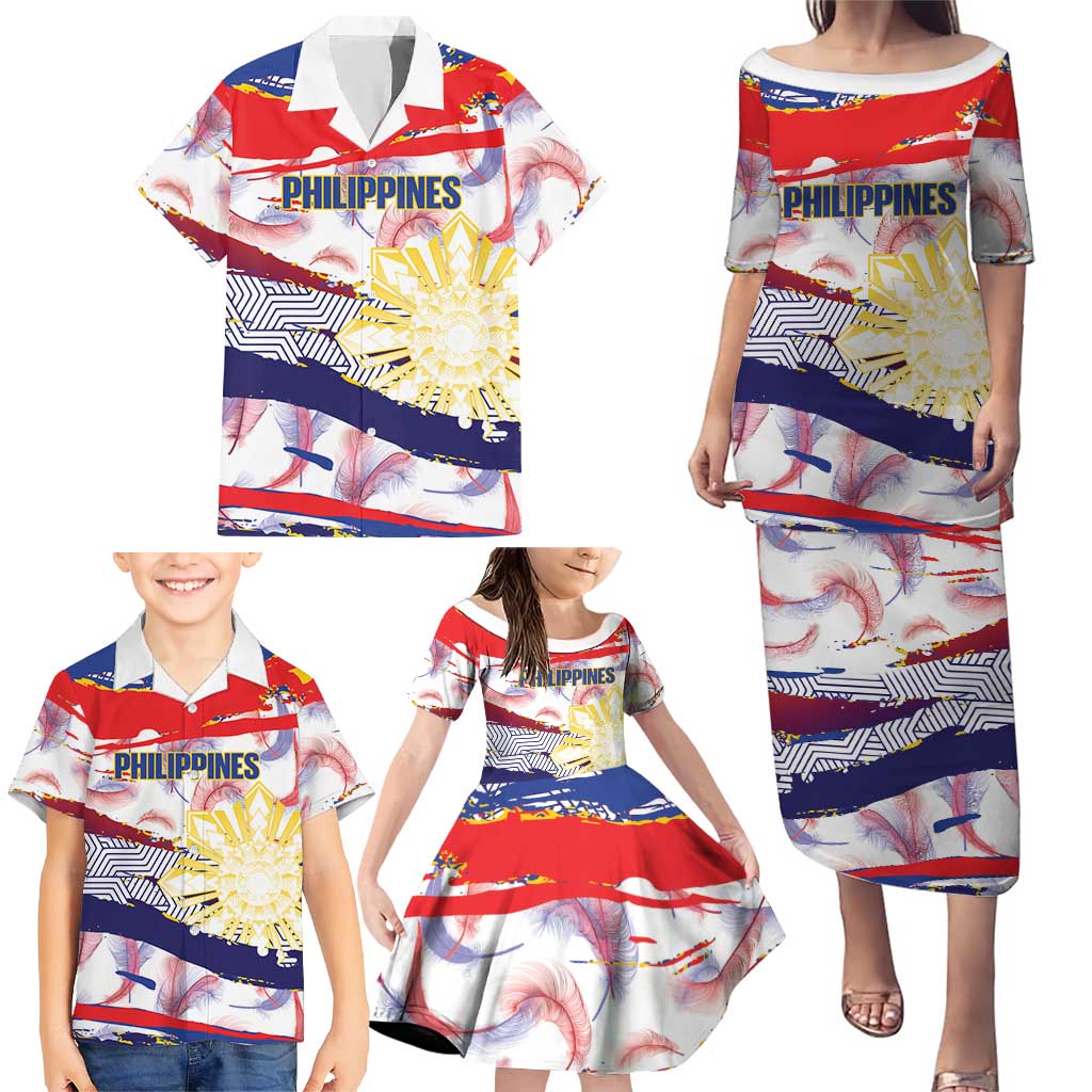 Philippines Sun Tattoo Family Matching Puletasi and Hawaiian Shirt Feathers Filipinas Grunge Style White