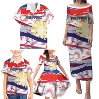 Philippines Sun Tattoo Family Matching Puletasi and Hawaiian Shirt Feathers Filipinas Grunge Style White