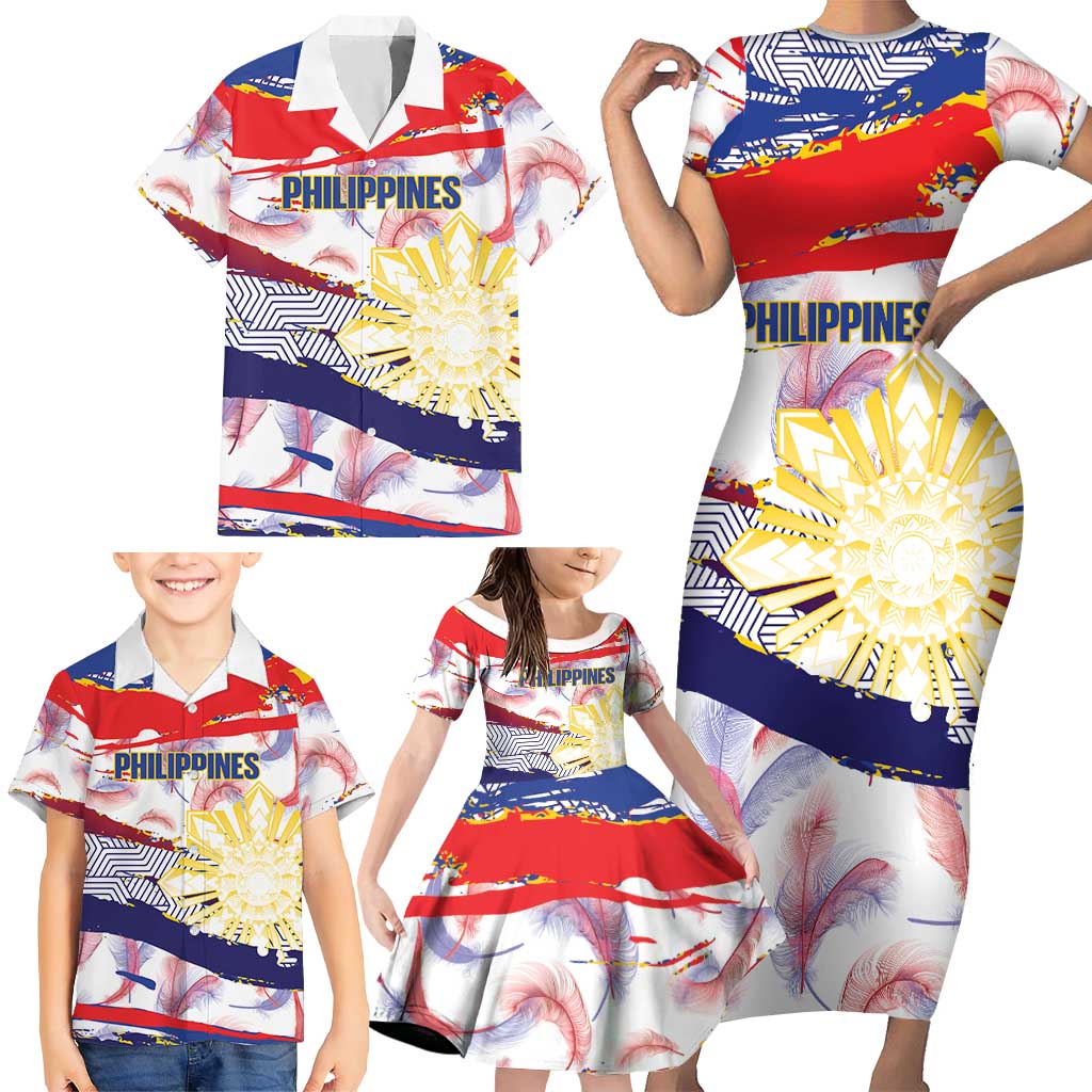 Philippines Sun Tattoo Family Matching Short Sleeve Bodycon Dress and Hawaiian Shirt Feathers Filipinas Grunge Style White