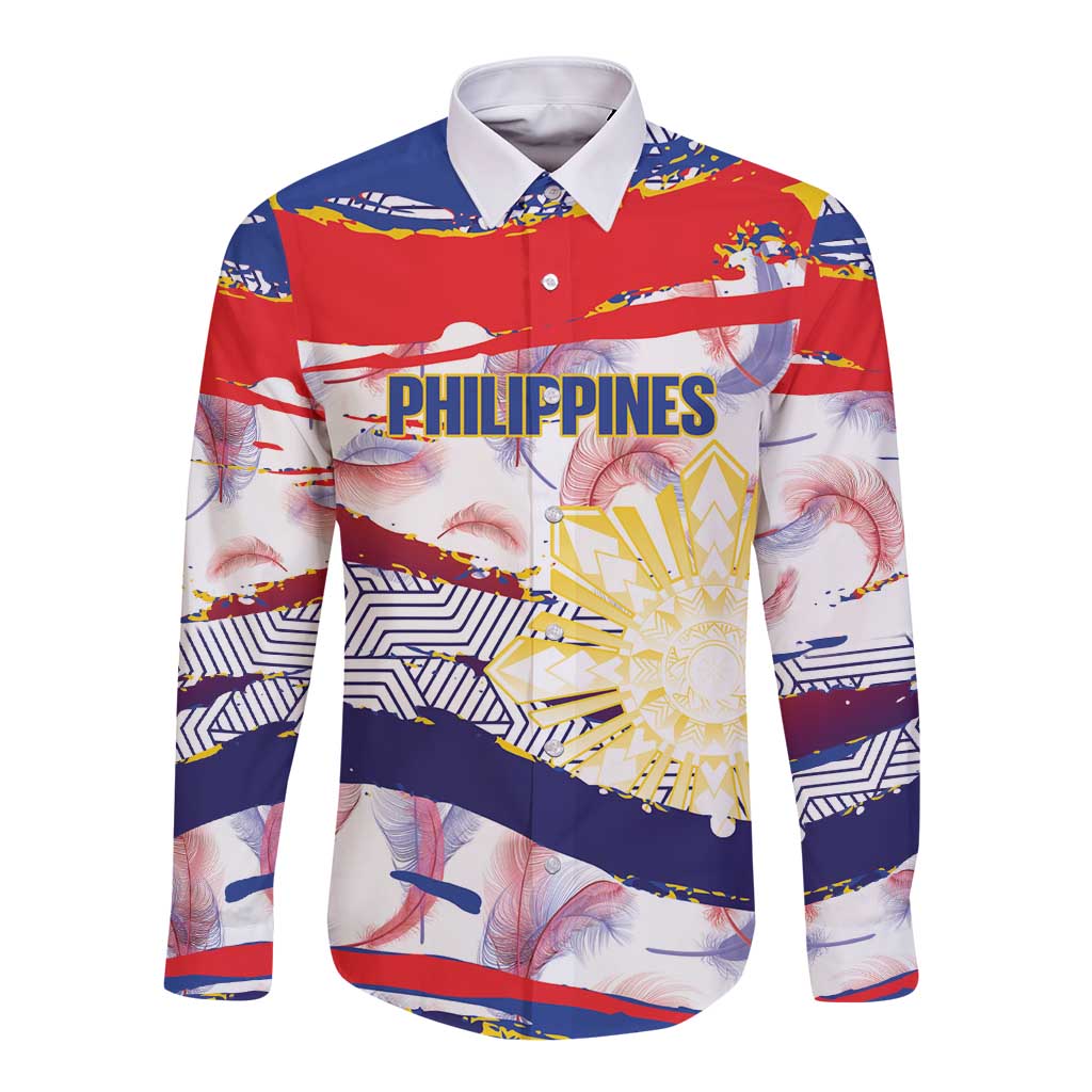 Philippines Sun Tattoo Long Sleeve Button Shirt Feathers Filipinas Grunge Style White