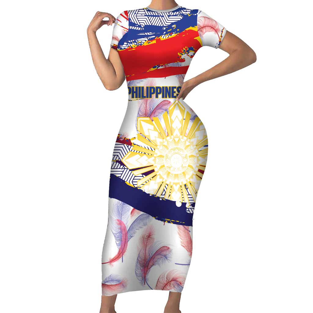 Philippines Sun Tattoo Short Sleeve Bodycon Dress Feathers Filipinas Grunge Style White
