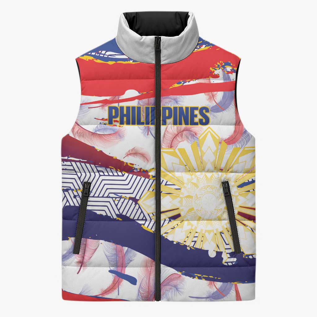 Philippines Sun Tattoo Sleeveless Puffer Jacket Feathers Filipinas Grunge Style White