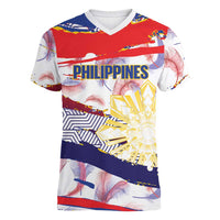 Philippines Sun Tattoo Women V-Neck T-Shirt Feathers Filipinas Grunge Style White LT14 Female White - Polynesian Pride