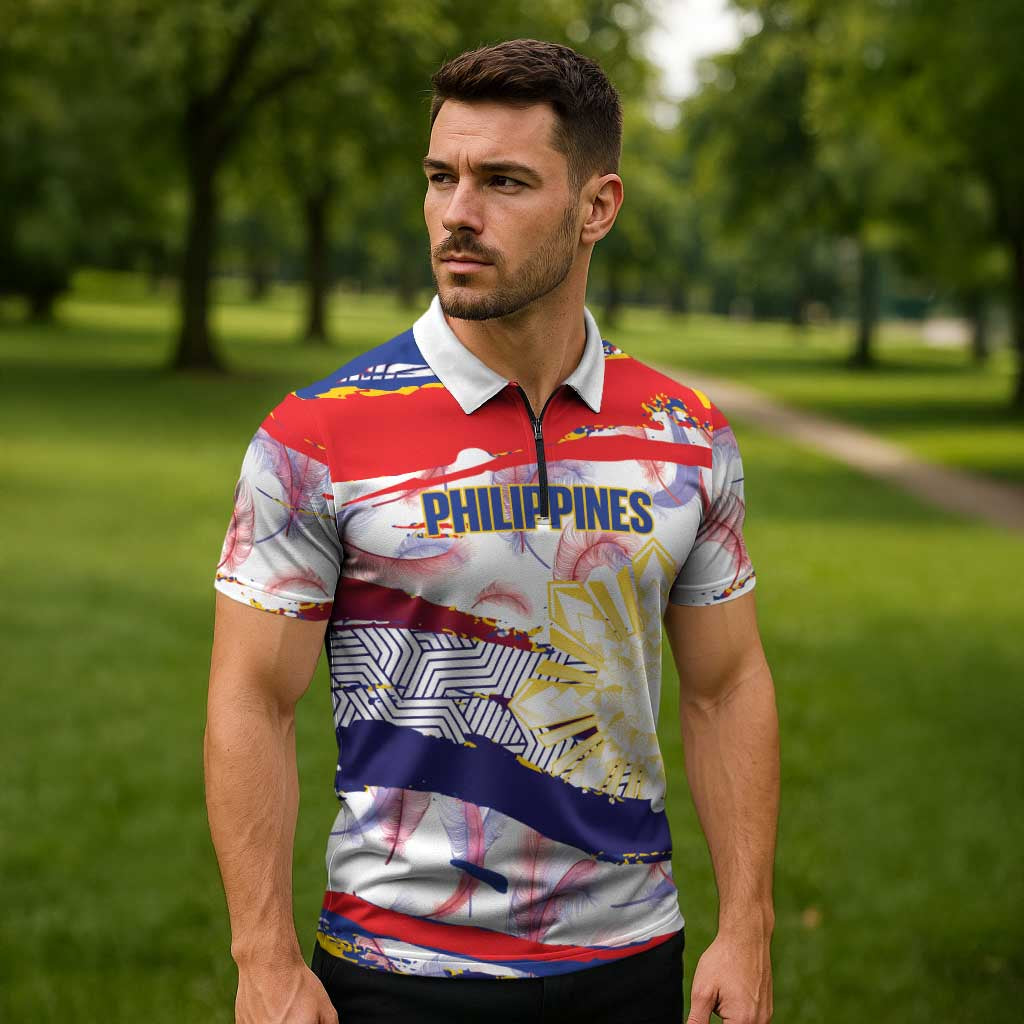 Philippines Sun Tattoo Zipper Polo Shirt Feathers Filipinas Grunge Style White