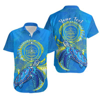 (Custom Personalised) Palau Hawaiian Shirt Hibiscus Turtle Mix Coat Of Arms Blue Version LT14 Blue - Polynesian Pride