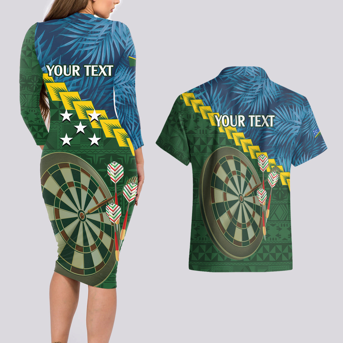 Personalised Solomon Islands Darts Couples Matching Long Sleeve Bodycon Dress and Hawaiian Shirt Tropical Leaves Melanesian Pattern