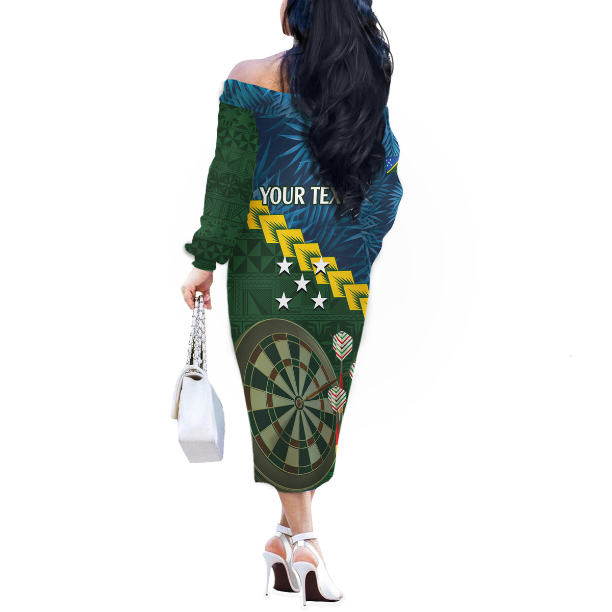 Personalised Solomon Islands Darts Off The Shoulder Long Sleeve Dress Tropical Leaves Melanesian Pattern
