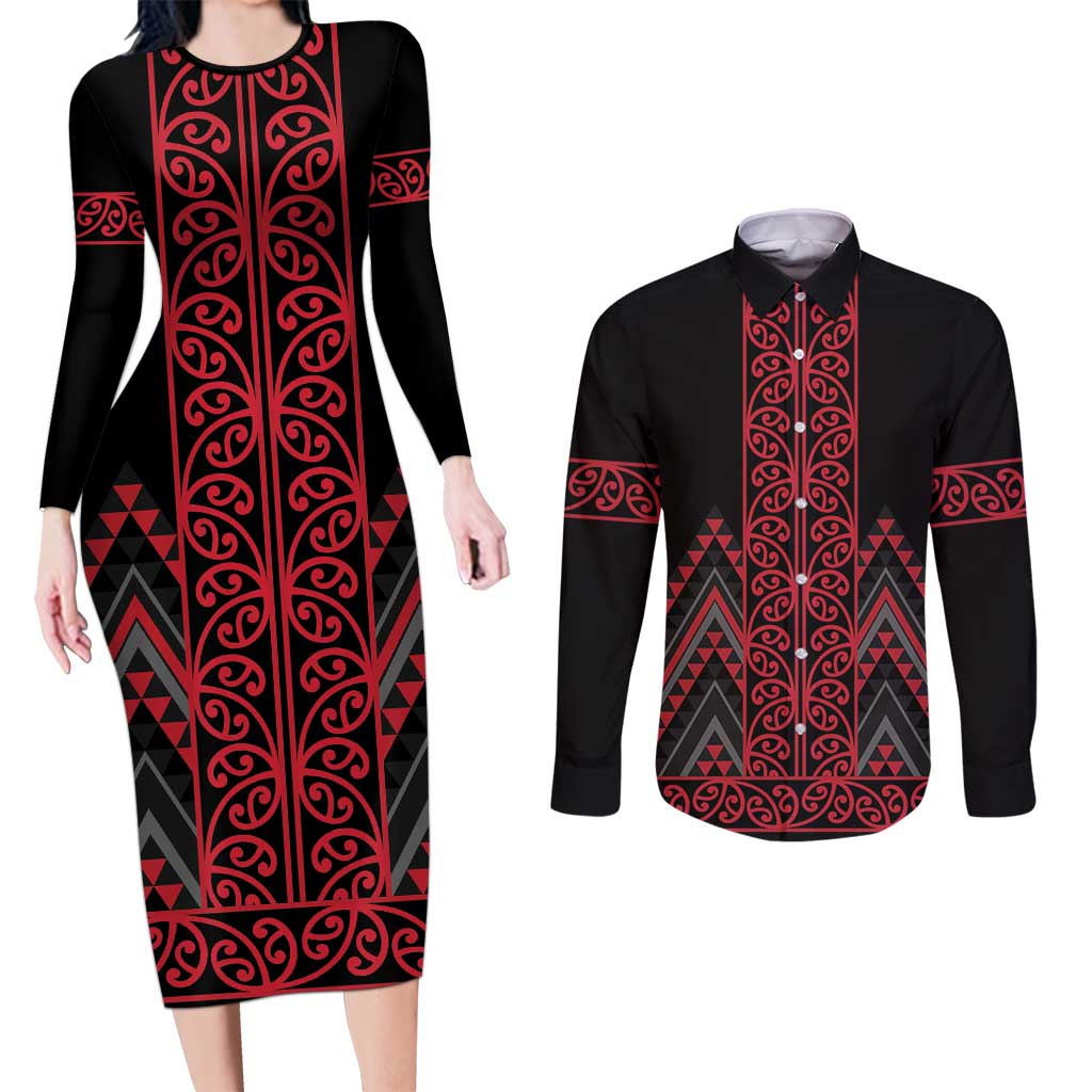Red Aotearoa Mangopare Kowhaiwhai and Niho Taniwha Couples Matching Long Sleeve Bodycon Dress and Long Sleeve Button Shirt Maori New Zealand