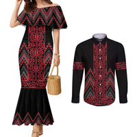 Red Aotearoa Mangopare Kowhaiwhai and Niho Taniwha Couples Matching Mermaid Dress and Long Sleeve Button Shirt Maori New Zealand