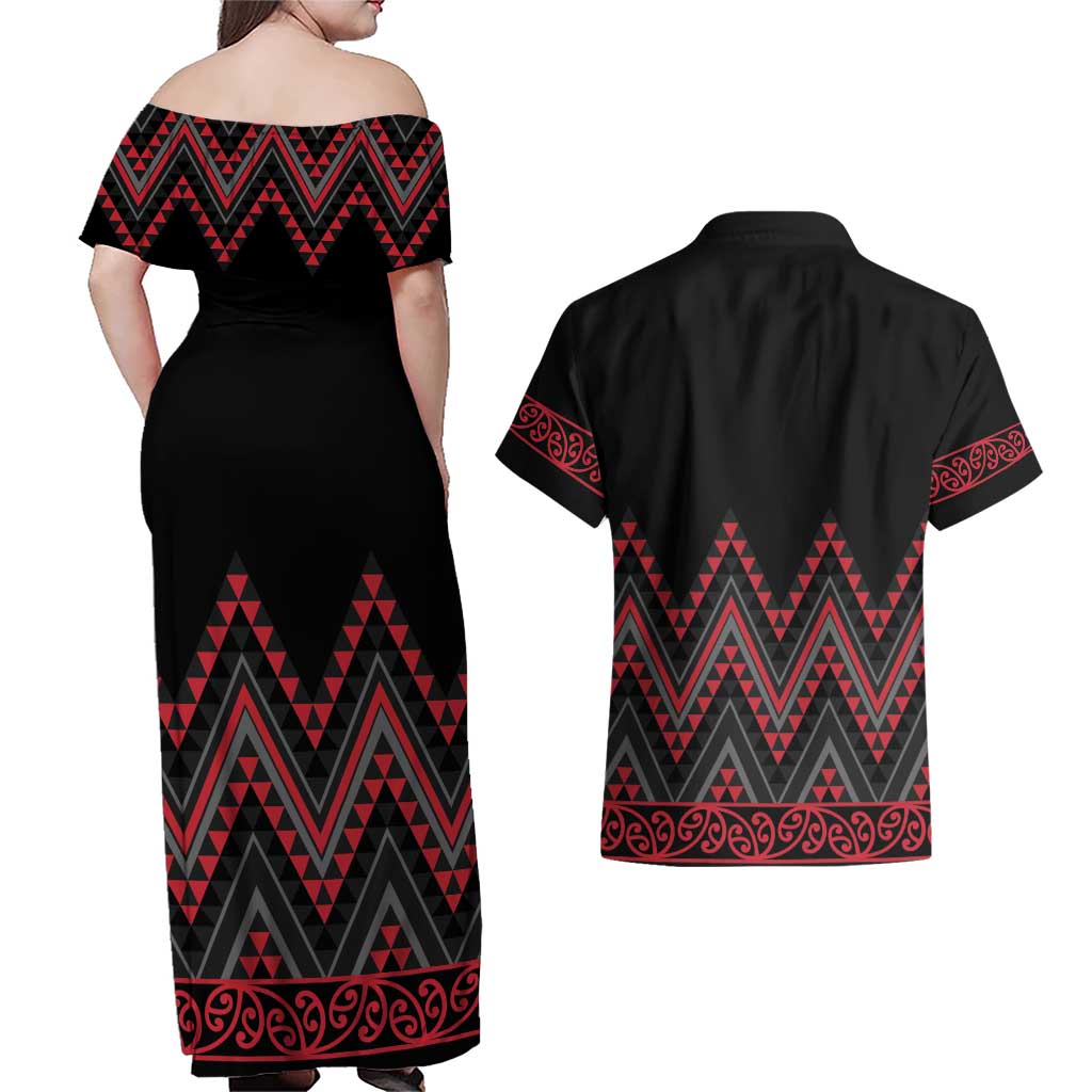 Red Aotearoa Mangopare Kowhaiwhai and Niho Taniwha Couples Matching Off Shoulder Maxi Dress and Hawaiian Shirt Maori New Zealand