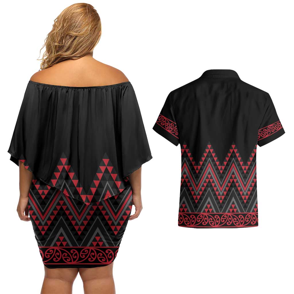 Red Aotearoa Mangopare Kowhaiwhai and Niho Taniwha Couples Matching Off Shoulder Short Dress and Hawaiian Shirt Maori New Zealand