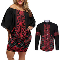 Red Aotearoa Mangopare Kowhaiwhai and Niho Taniwha Couples Matching Off Shoulder Short Dress and Long Sleeve Button Shirt Maori New Zealand