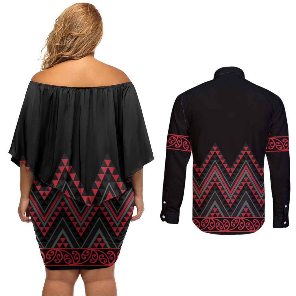 Red Aotearoa Mangopare Kowhaiwhai and Niho Taniwha Couples Matching Off Shoulder Short Dress and Long Sleeve Button Shirt Maori New Zealand