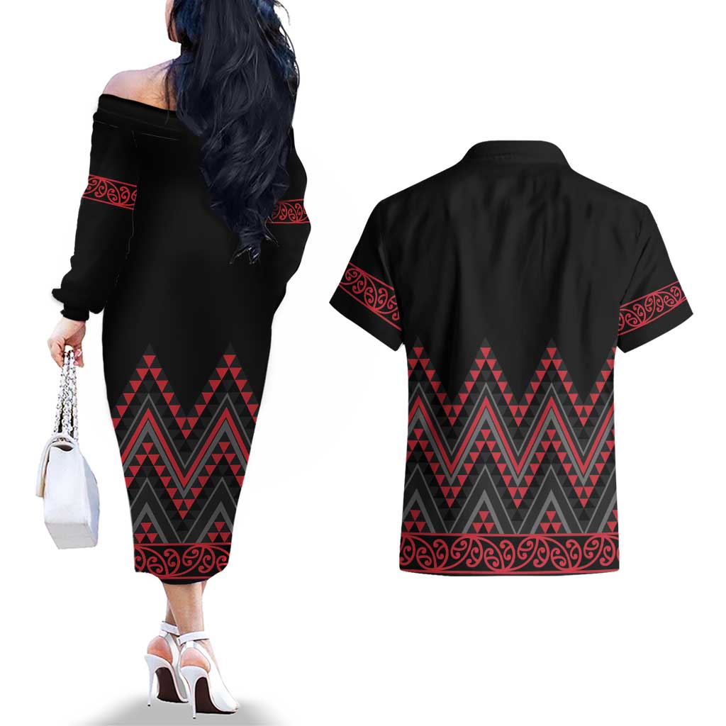 Red Aotearoa Mangopare Kowhaiwhai and Niho Taniwha Couples Matching Off The Shoulder Long Sleeve Dress and Hawaiian Shirt Maori New Zealand
