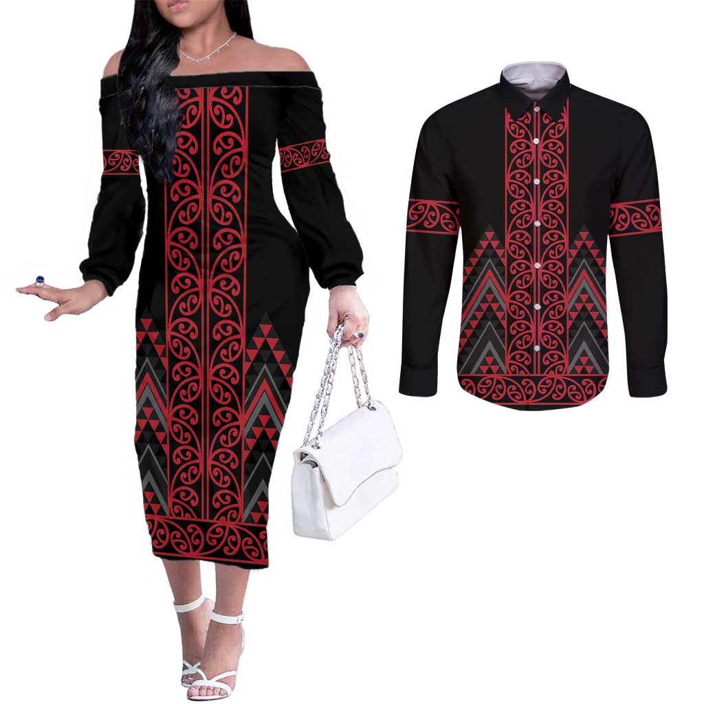 Red Aotearoa Mangopare Kowhaiwhai and Niho Taniwha Couples Matching Off The Shoulder Long Sleeve Dress and Long Sleeve Button Shirt Maori New Zealand