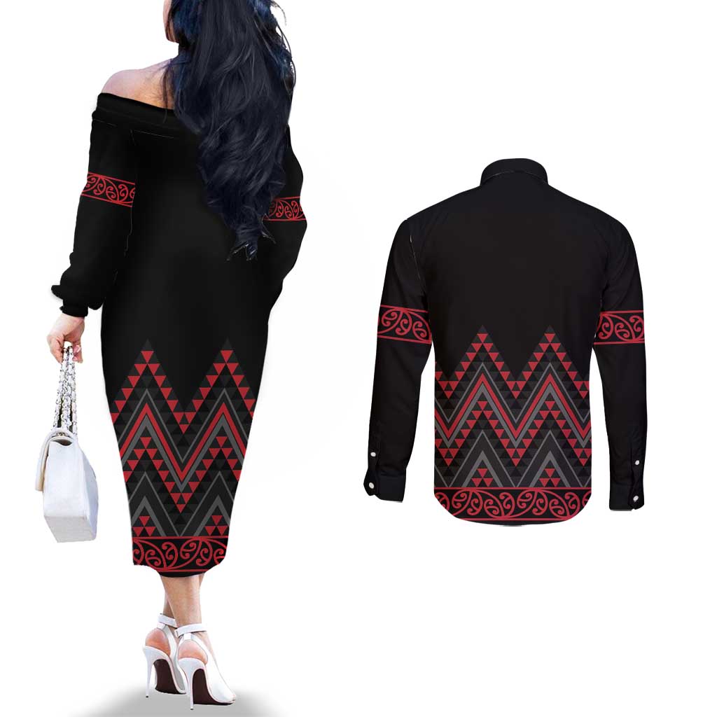 Red Aotearoa Mangopare Kowhaiwhai and Niho Taniwha Couples Matching Off The Shoulder Long Sleeve Dress and Long Sleeve Button Shirt Maori New Zealand