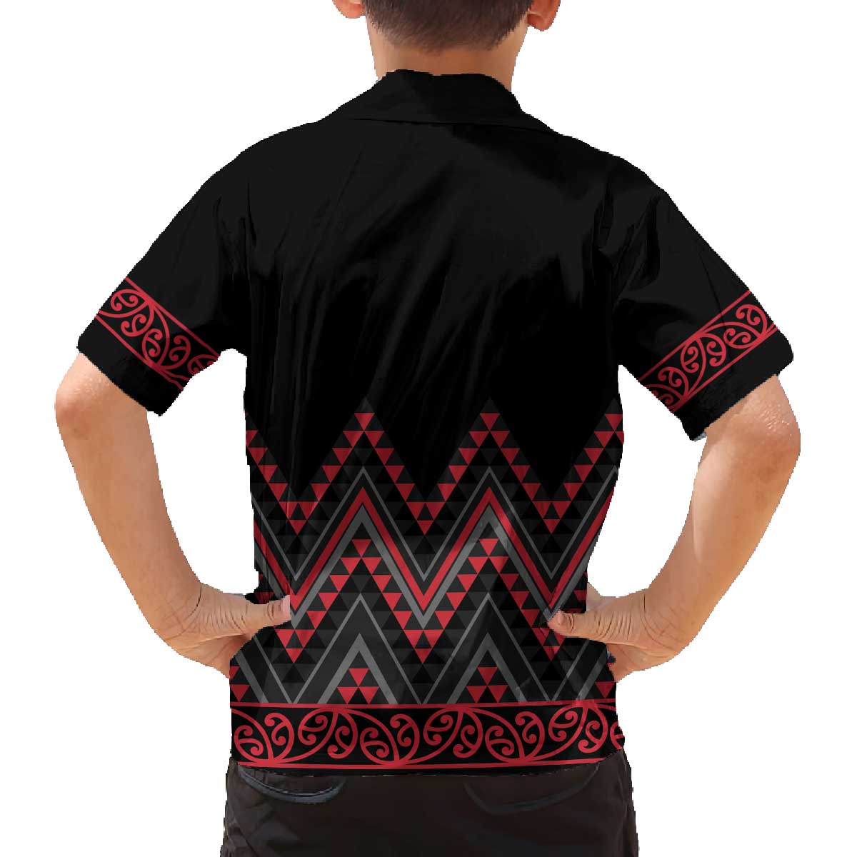 Red Aotearoa Mangopare Kowhaiwhai and Niho Taniwha Family Matching Off The Shoulder Long Sleeve Dress and Hawaiian Shirt Maori New Zealand