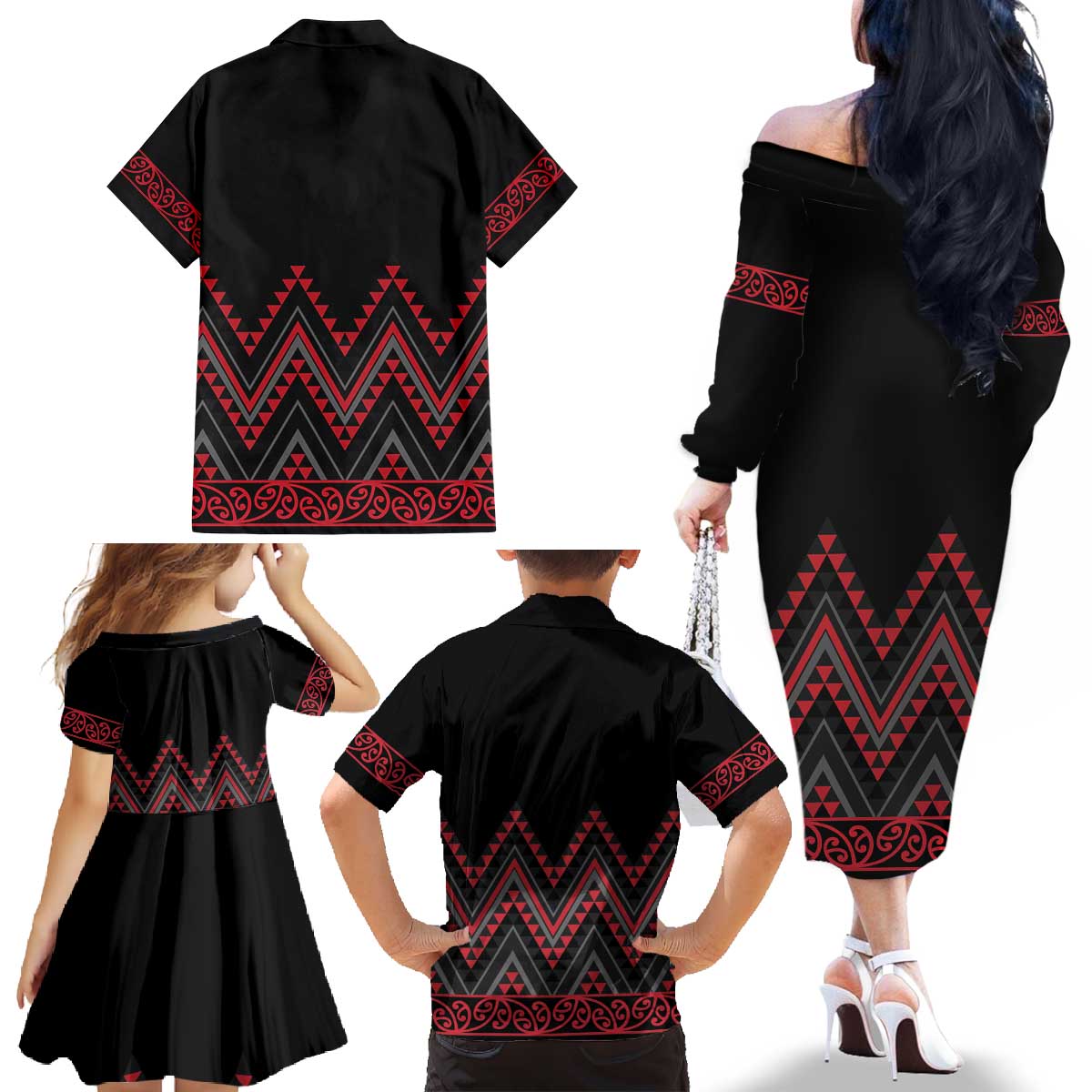 Red Aotearoa Mangopare Kowhaiwhai and Niho Taniwha Family Matching Off The Shoulder Long Sleeve Dress and Hawaiian Shirt Maori New Zealand