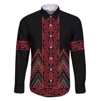 Red Aotearoa Mangopare Kowhaiwhai and Niho Taniwha Family Matching Off The Shoulder Long Sleeve Dress and Hawaiian Shirt Maori New Zealand