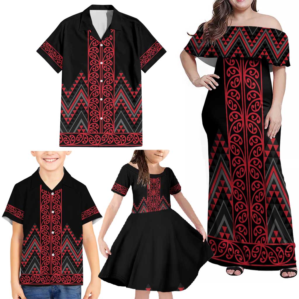 Red Aotearoa Mangopare Kowhaiwhai and Niho Taniwha Family Matching Off Shoulder Maxi Dress and Hawaiian Shirt Maori New Zealand