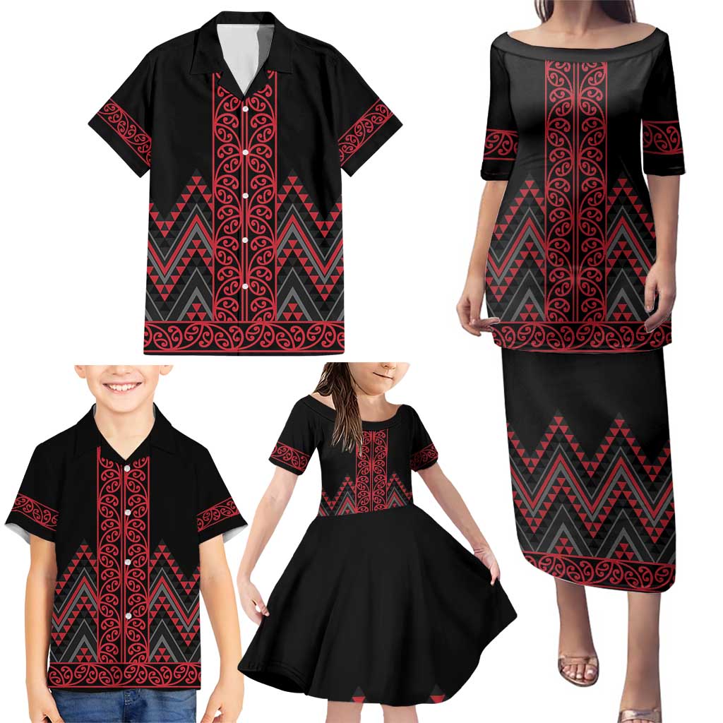 Red Aotearoa Mangopare Kowhaiwhai and Niho Taniwha Family Matching Puletasi and Hawaiian Shirt Maori New Zealand