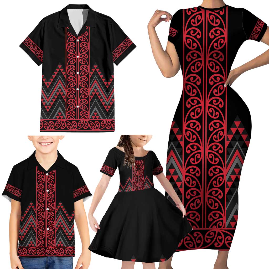 Red Aotearoa Mangopare Kowhaiwhai and Niho Taniwha Family Matching Short Sleeve Bodycon Dress and Hawaiian Shirt Maori New Zealand