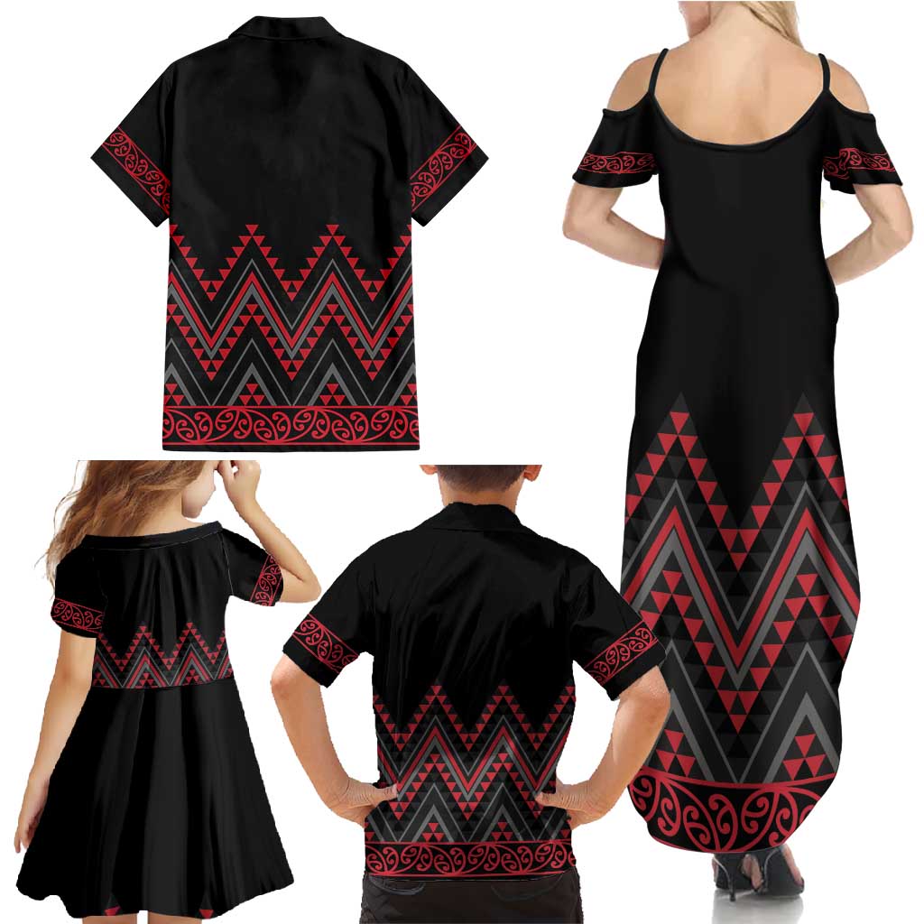 Red Aotearoa Mangopare Kowhaiwhai and Niho Taniwha Family Matching Summer Maxi Dress and Hawaiian Shirt Maori New Zealand