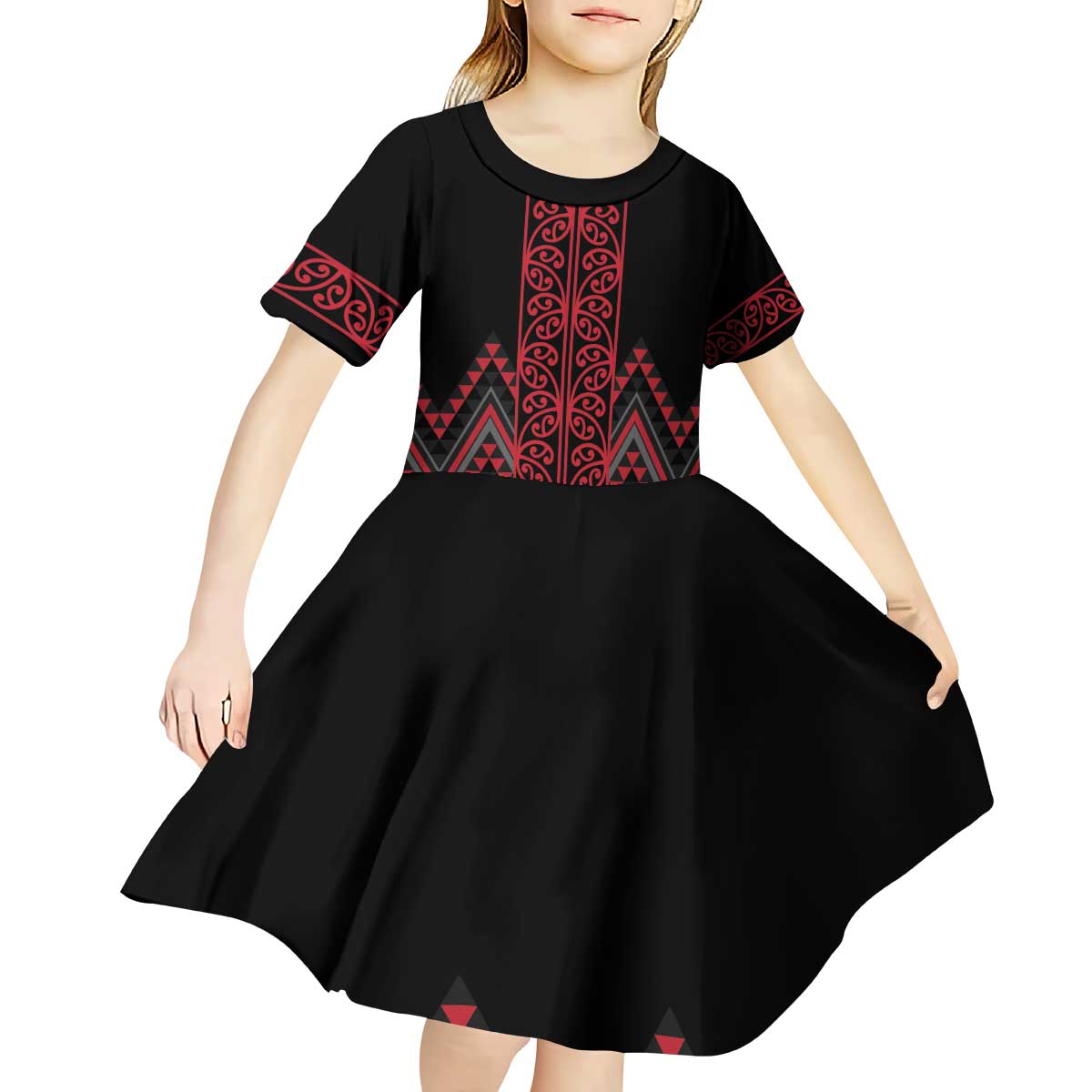 Red Aotearoa Mangopare Kowhaiwhai and Niho Taniwha Kid Short Sleeve Dress Maori New Zealand