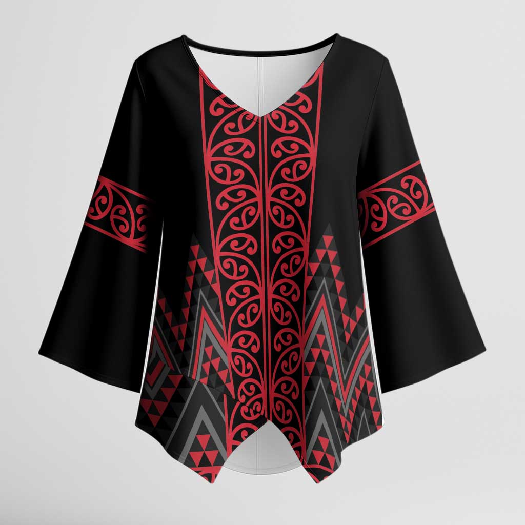 Red Aotearoa Mangopare Kowhaiwhai Niho Taniwha Kimono Sleeve Blouse Maori New Zealand - Polynesian Pride