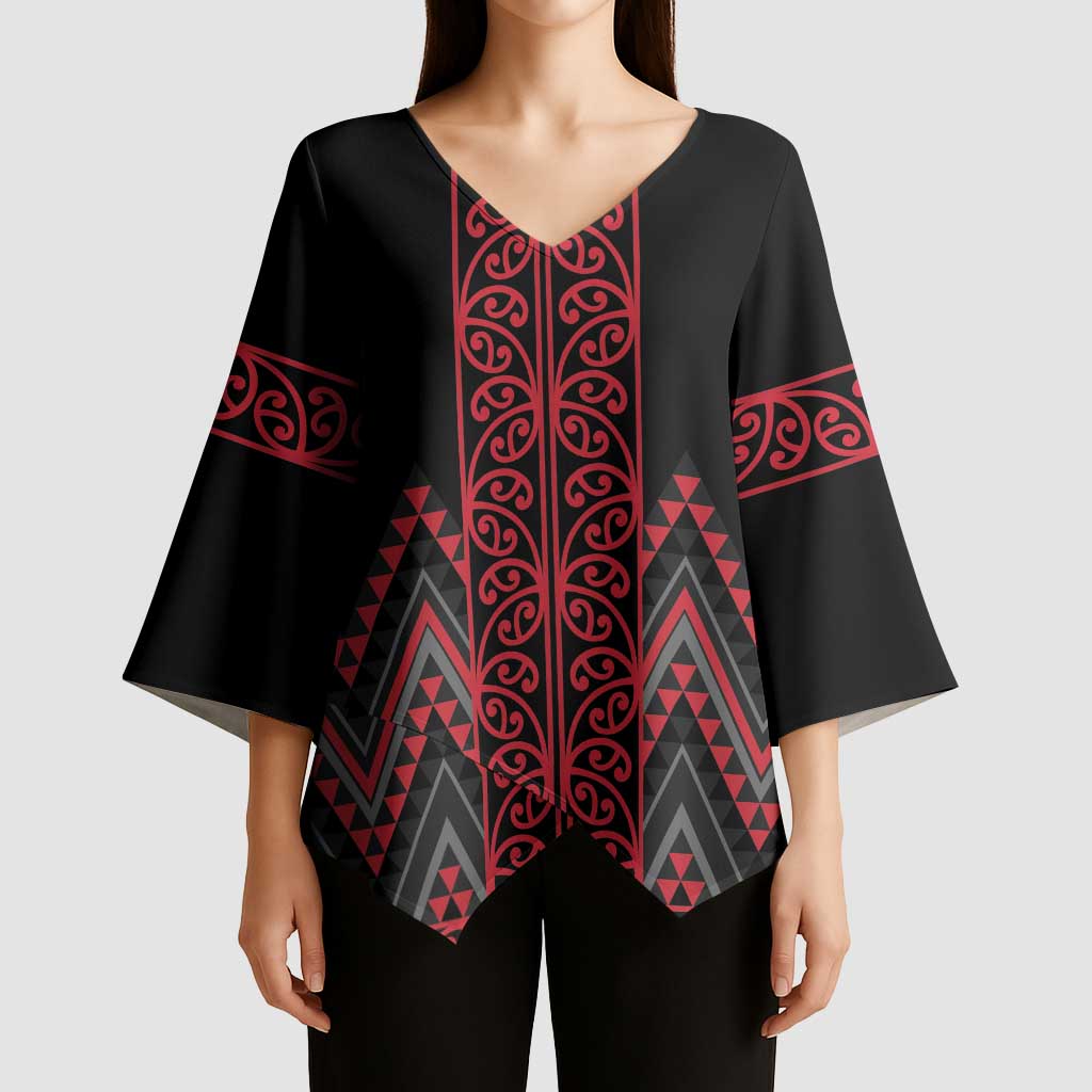 Red Aotearoa Mangopare Kowhaiwhai Niho Taniwha Kimono Sleeve Blouse Maori New Zealand - Polynesian Pride