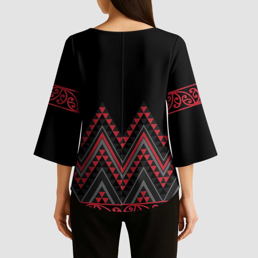 Red Aotearoa Mangopare Kowhaiwhai Niho Taniwha Kimono Sleeve Blouse Maori New Zealand - Polynesian Pride