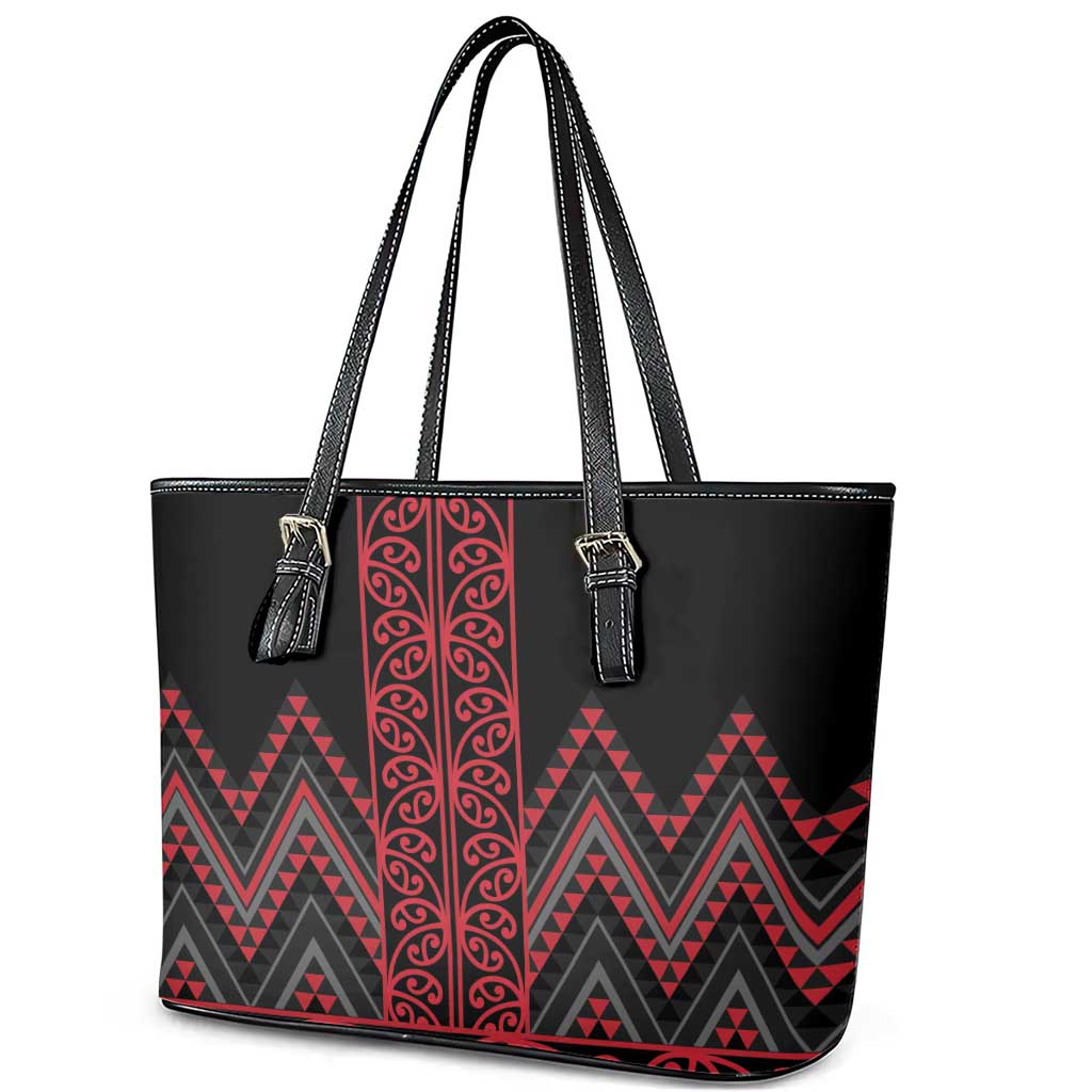 Red Aotearoa Mangopare Kowhaiwhai and Niho Taniwha Leather Tote Bag Maori New Zealand