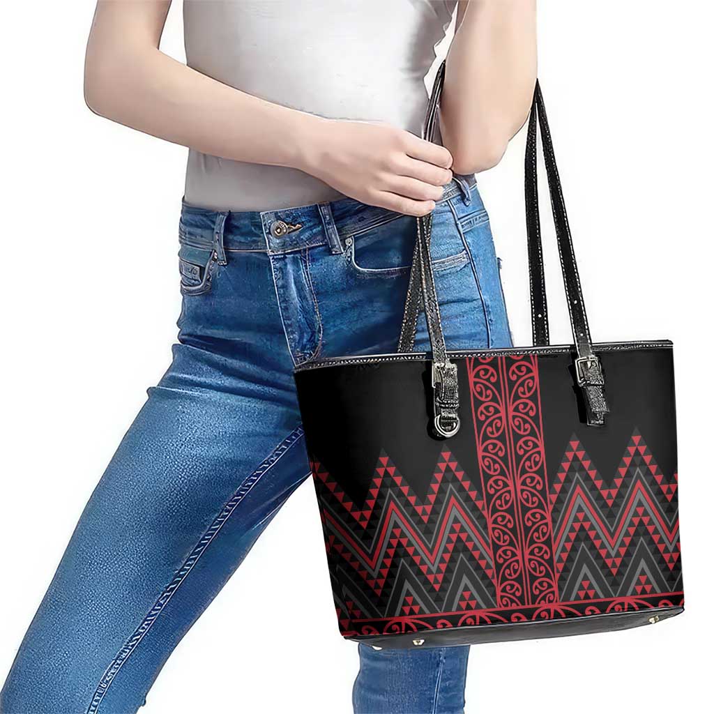 Red Aotearoa Mangopare Kowhaiwhai and Niho Taniwha Leather Tote Bag Maori New Zealand