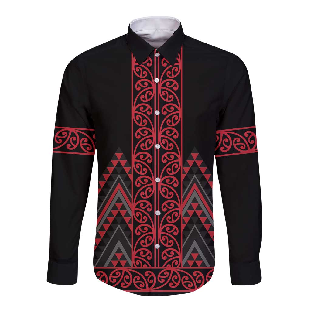 Red Aotearoa Mangopare Kowhaiwhai and Niho Taniwha Long Sleeve Button Shirt Maori New Zealand