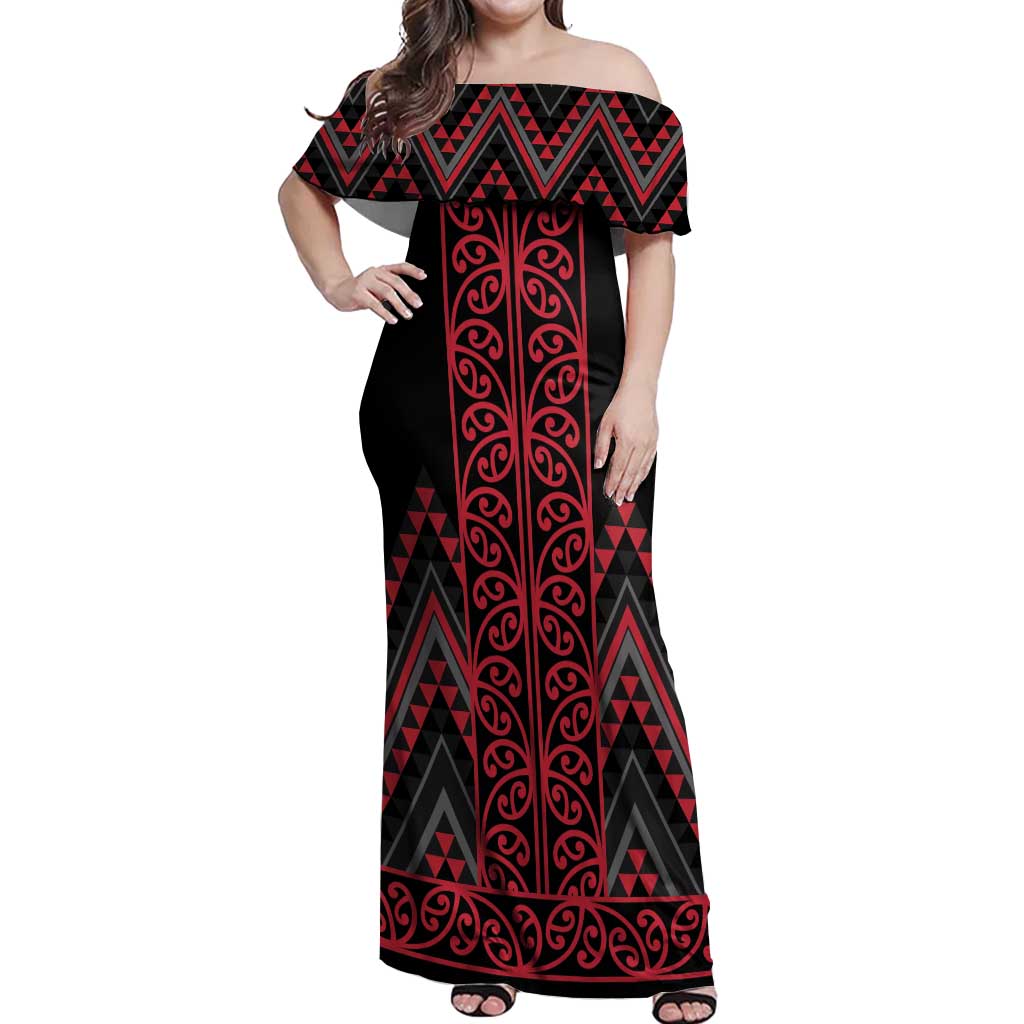 Red Aotearoa Mangopare Kowhaiwhai and Niho Taniwha Off Shoulder Maxi Dress Maori New Zealand